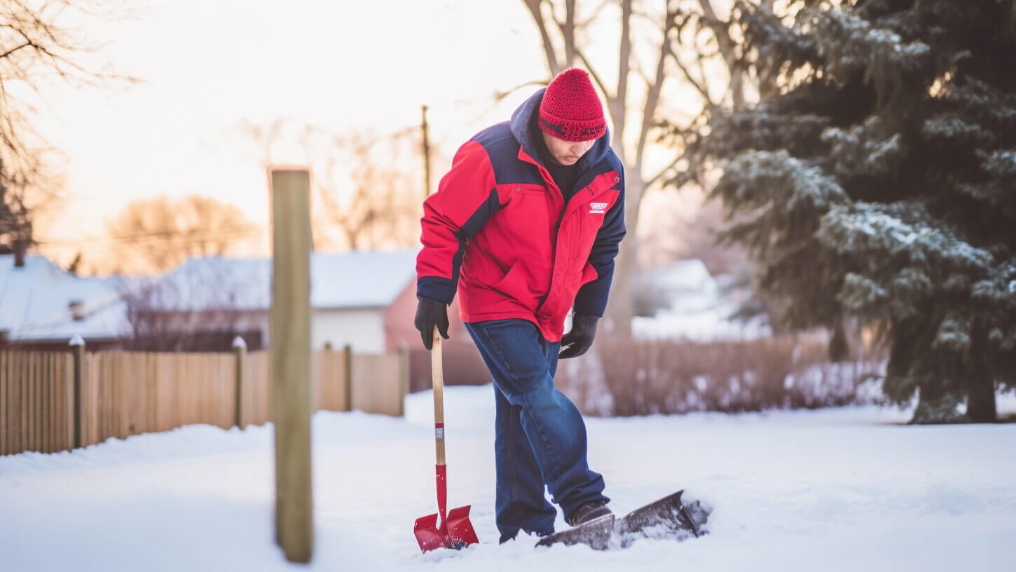 Person in a red jacket and knit hat shoveling snow in a backyard during a winter morning.