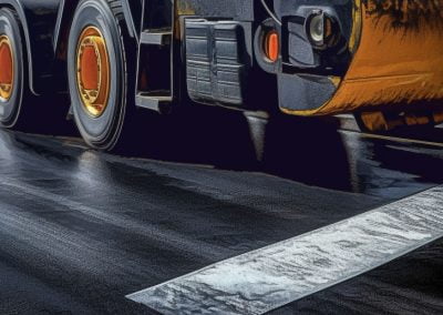Close-up of a steamroller smoothing fresh asphalt on a road, showcasing the wet surface and crisp white line markings, leaving no room for asphalt sealcoating questions.