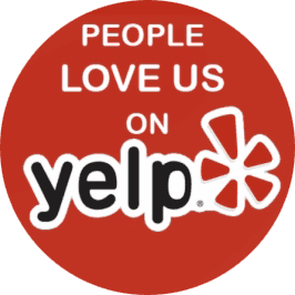 Yelp-Logo Red circle with the text "People Love Us on Yelp" and the Yelp logo.