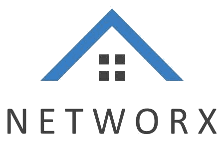networx-logo Logo with a blue roof shape, four black squares, and the word "NETWORX" in black below.