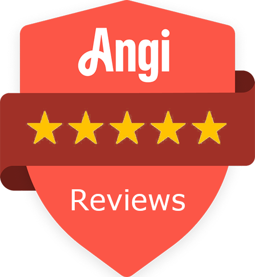 Angi 5 Star Logo Red badge with “Angi Reviews” and five yellow stars on a horizontal maroon ribbon across the badge.